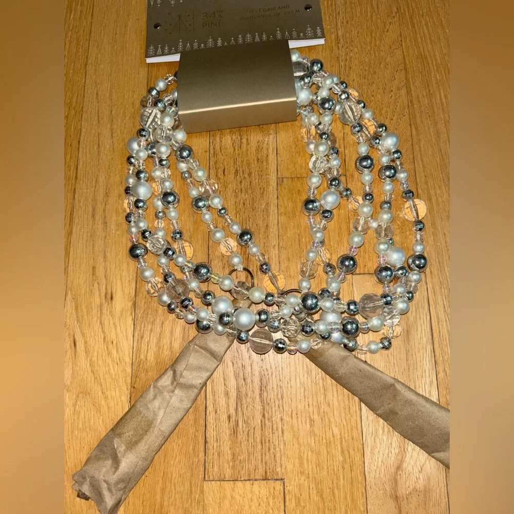 NEW - Multi-Strand Pearl & Crystal 12 FT Garland Table Decor - White & Silver